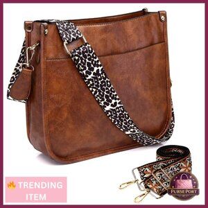 Vegan Leather Crossbody Bag with Adjustable Guitar Straps, Multiple Pockets